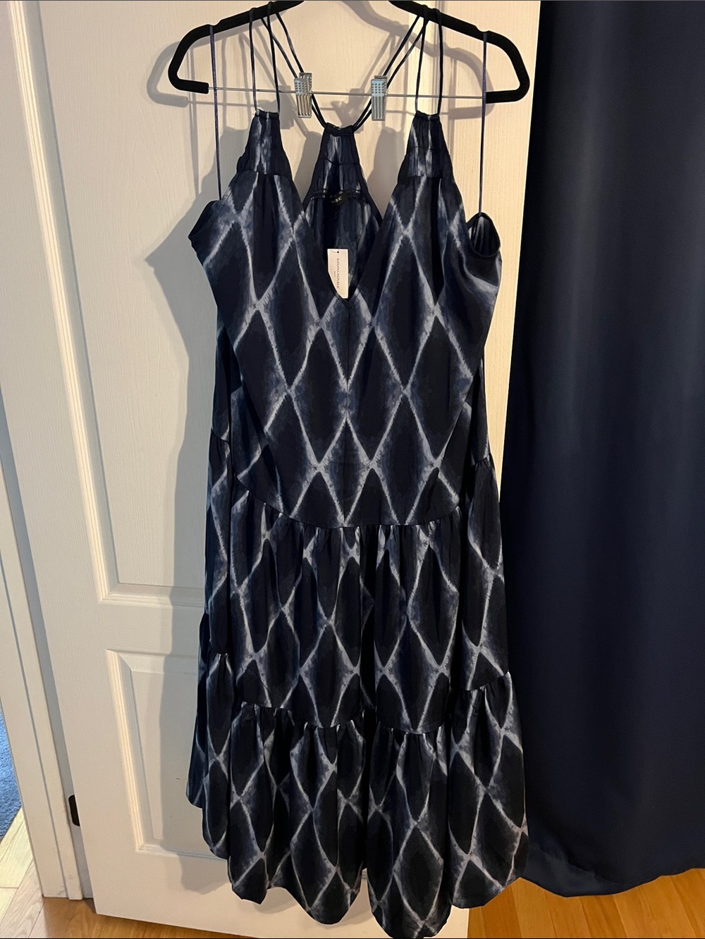 Banana Republic Navy and White Tie-Dye Tiered Satin Midi Dress